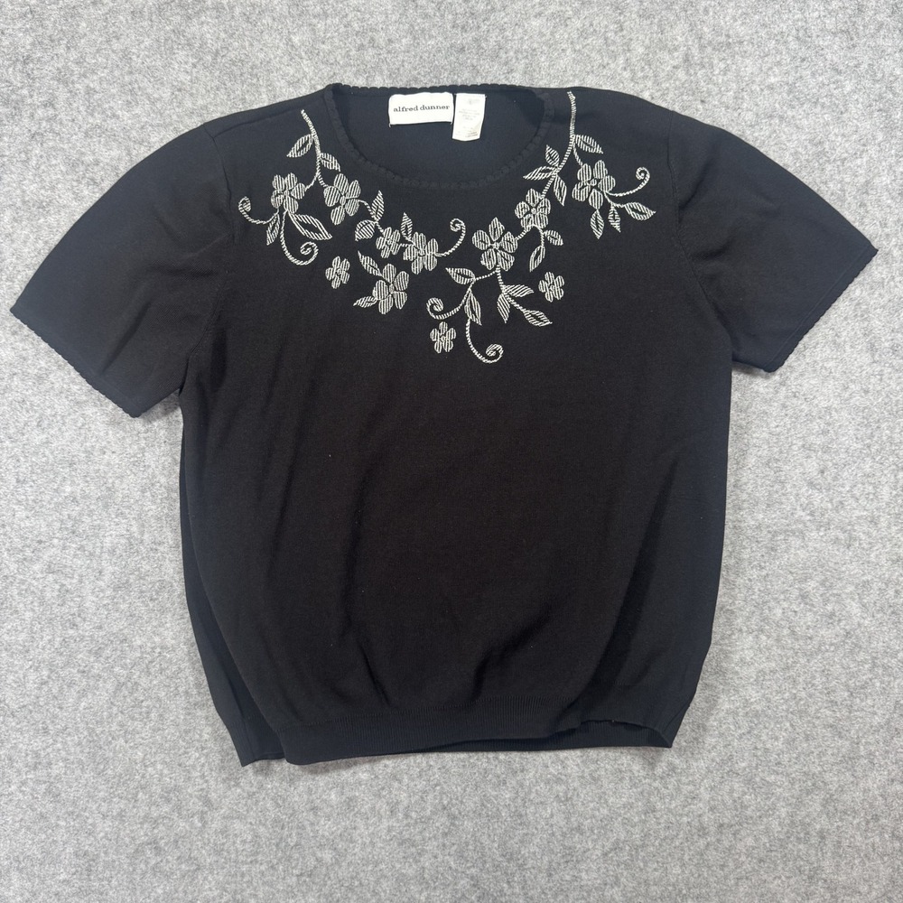 Alfred Dunner Floral Embroidered Knit Top Large Black Rayon Blend Short Sleeve